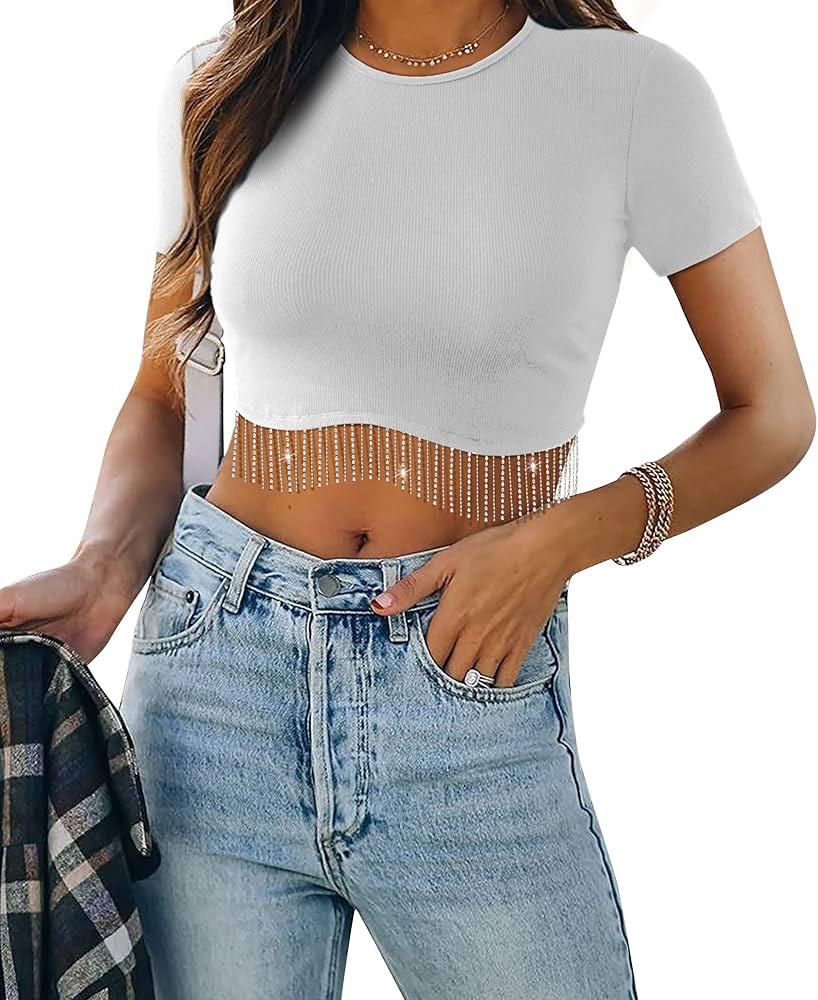 Womens Nashville Sparkly Rhinestone Fringe Sleeveless Crop Tops Y2K Raceback Ribbed Cropped Tank ... | Amazon (US)