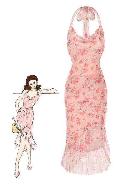 Pink 1930s Rose Silk Mesh Mermaid Dress | Retro Stage