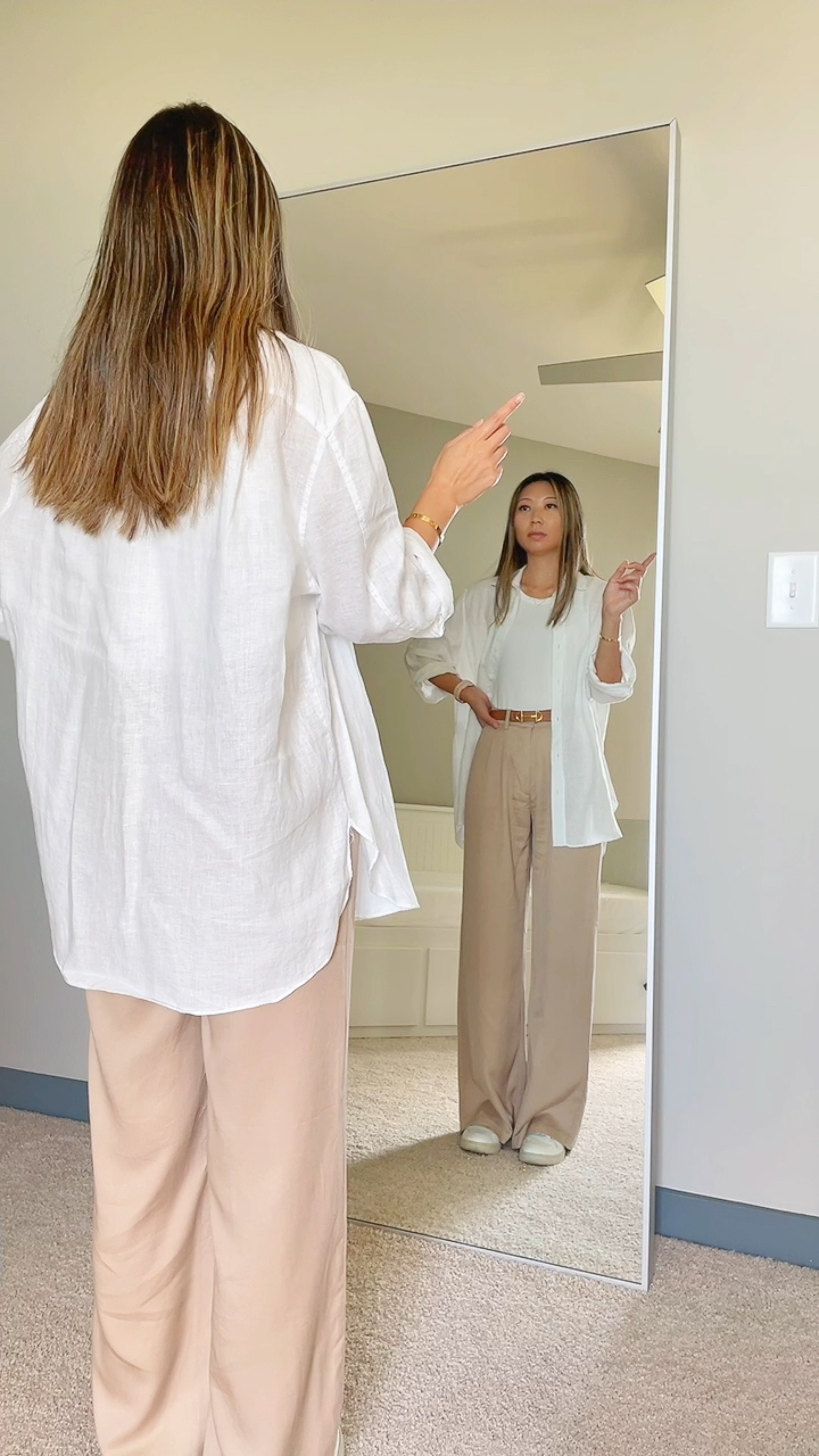 Transitional outfits you can wear from Summer into Fall // Outfit 1: White oversized linen shirt - Zara, White ribbed tank top - AYR, Beige wide leg pants - Abercrombie, Brown belt - Hermès, White sneakers - Nike // Outfit 2: White oversized sweater cardigan - Hermès, White cropped high neck ribbed tank top - AE, Light beige satin midi skirt - Aritzia, White sneakers - Veja // Outfit 3: White cropped ribbed sweater and tank set - Abercrombie, Light wash wide leg puddle jeans - Abercrombie, White sneakers - Nike // Outfit 4: Light grey 3/4 zip sweatshirt - AYR, Black distressed denim shorts - Abercrombie, White sneakers - Nike // summer to fall outfit, fall style, fall outfit, autumn style, autumn outfit, neutral outfits 

#LTKunder100 #LTKstyletip #LTKSeasonal