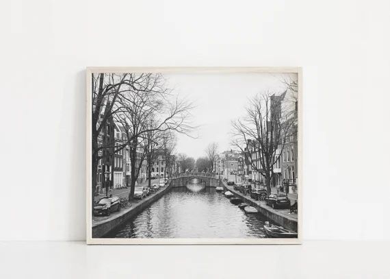 black and white amsterdam print, amsterdam canal photography print, travel wall art, travel photo... | Etsy (US)