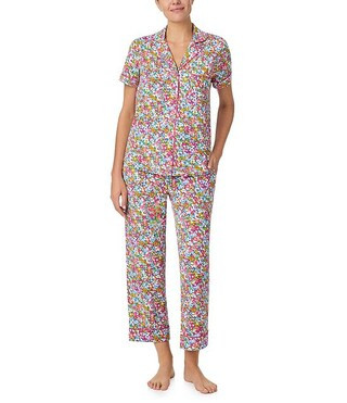 Short Sleeve Notch Collar Jersey Knit Multi Floral Cropped Pajama Set | Dillard's