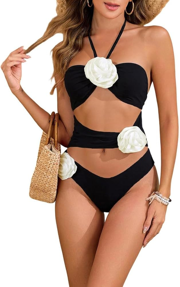 Women's 3D Flower One Piece Swimsuit Cut Out Halter Tie Bathing Suits Cute Ladies Swimwear | Amazon (US)