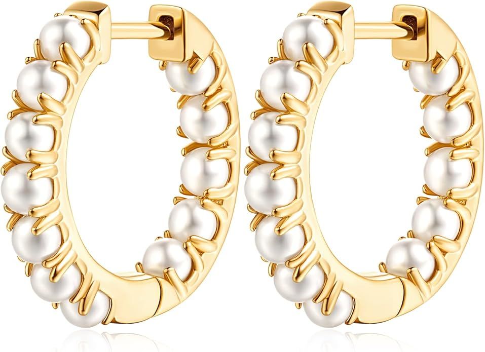 Pearl Earrings Pearl Hoop Earrings for Women 14K Gold Hoop Earrings for Women Gold Pearl Hoop Ear... | Amazon (US)