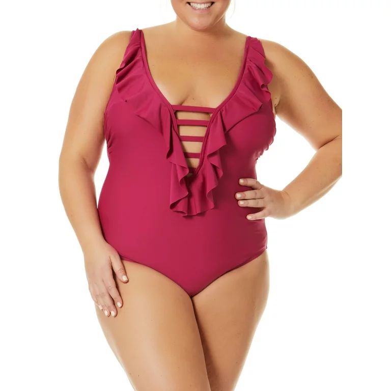Terra and Sky Women's Plus Solid Ruffle One-Piece Swimsuit | Walmart (US)