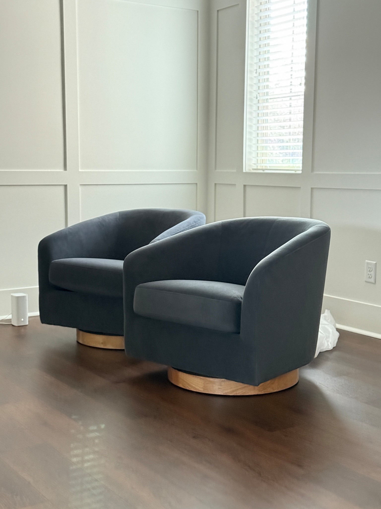 Just got these beautiful swivel chairs in last night and I’m obsessed! 🤍 The bluish gray color is even better in person — it’s exactly what I envisioned. Can’t wait to show you how it all comes together… stay tuned for the final reveal! 

#LTKStyleTip #LTKHome