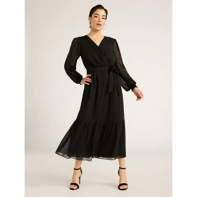 Sofia Jeans Women's Belted Cross Front Maxi Dress with Long Sleeves, Above Ankle Length, Sizes XS... | Walmart (US)