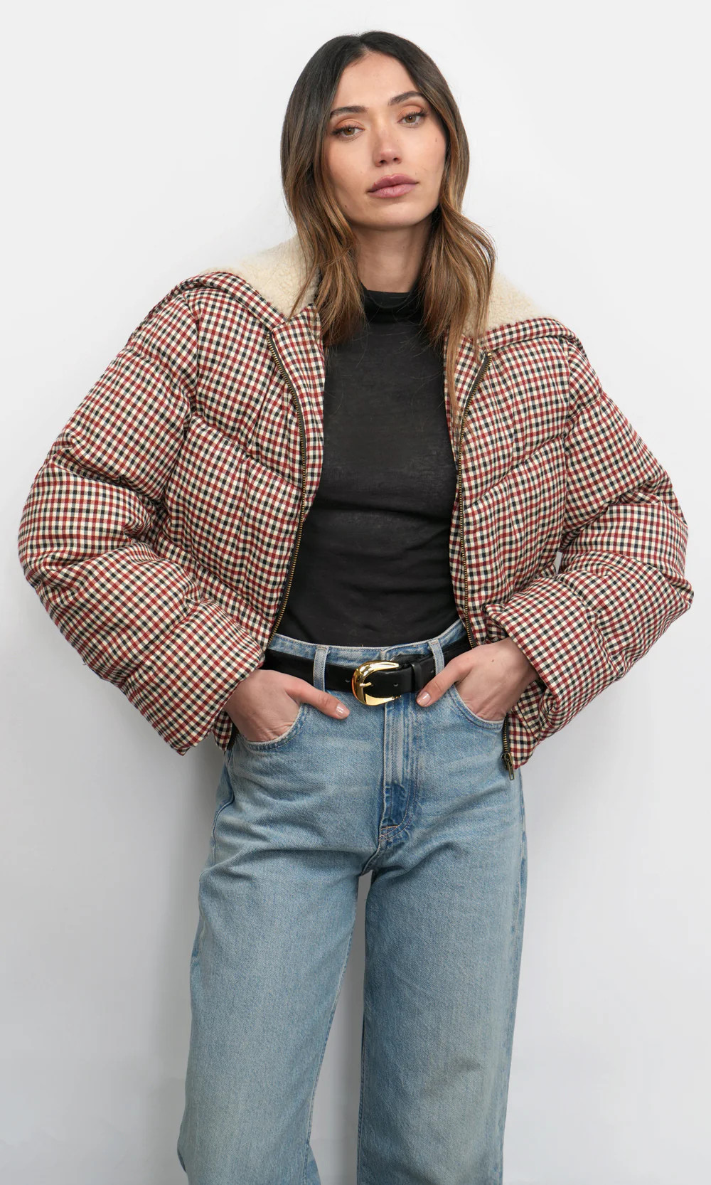 Sally Gingham Puffer w/ Shearling Collar | Greylin Collection | Greylin Collection | Women's Luxury Fashion Clothing 