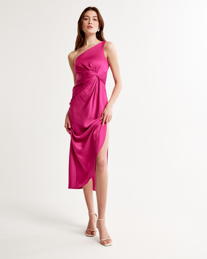 One-Shoulder Satin Knotted Midi Dress | Abercrombie & Fitch (US)