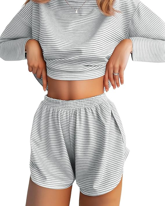 JUSTFASHIONNOW Womens Pajama Sets Striped Two Piece Lounge Sets Long Sleeve Top and Split Shorts ... | Amazon (US)