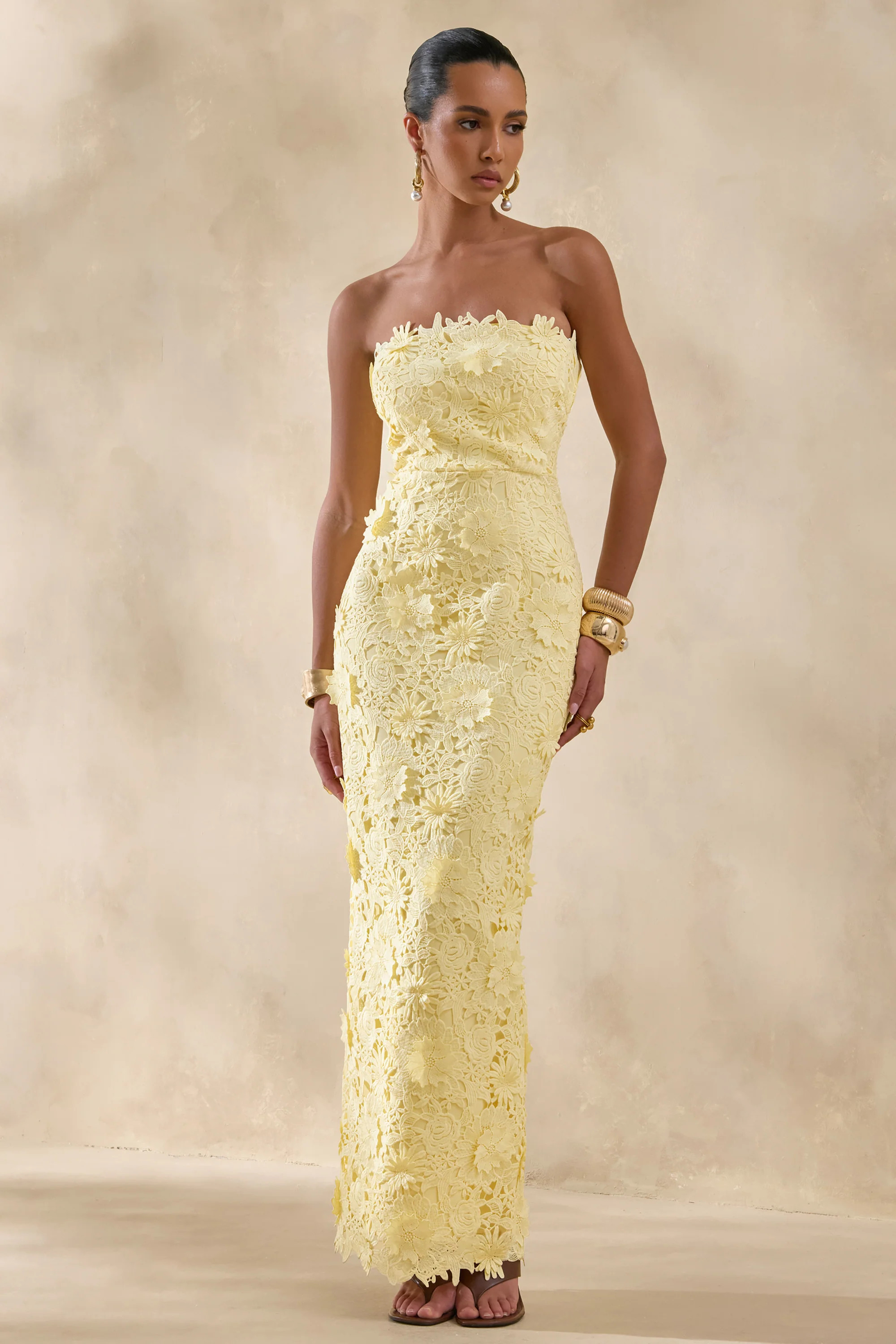 Gracie | Lemon Lace Bandeau Maxi Dress | Club L London