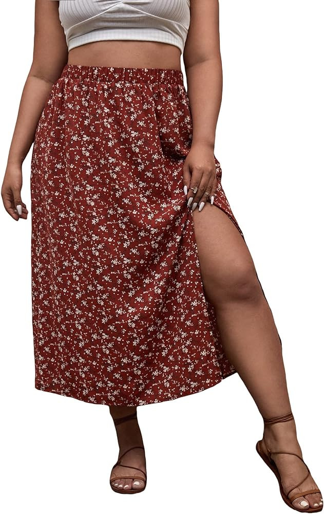 Floerns Women's Plus Size Floral Print Skirt Split Thigh Boho Long Skirt | Amazon (US)