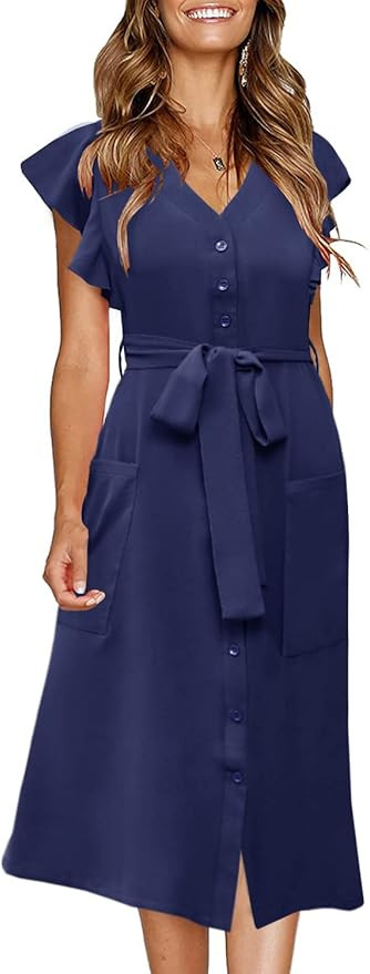 MITILLY Women's Boho Polka Dot Flutter Short Sleeve V Neck Button Down Swing Midi Dress with Pock... | Amazon (US)