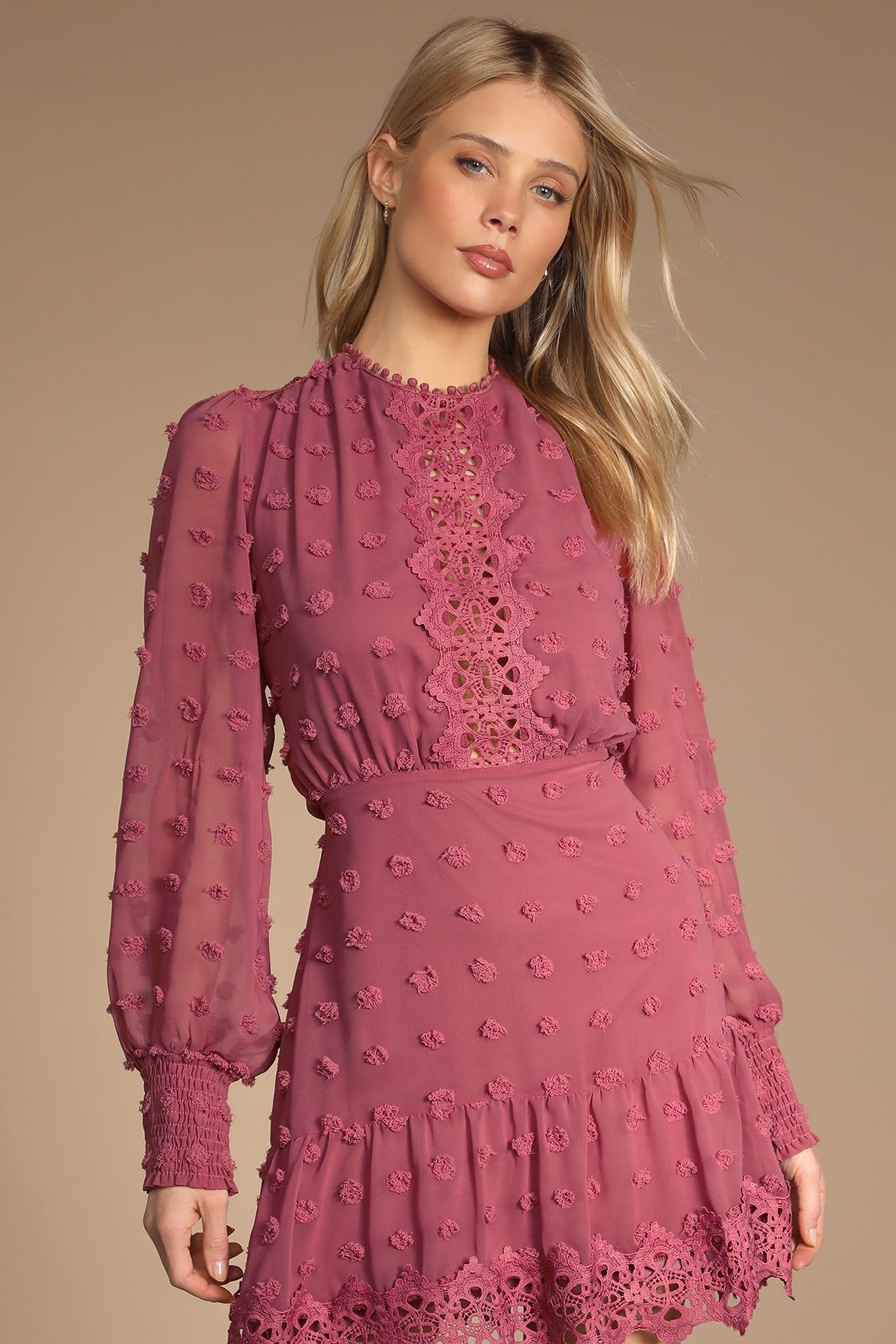 Lust or Love Mauve Embroidered Lace Long Sleeve Dress | Lulus (US)