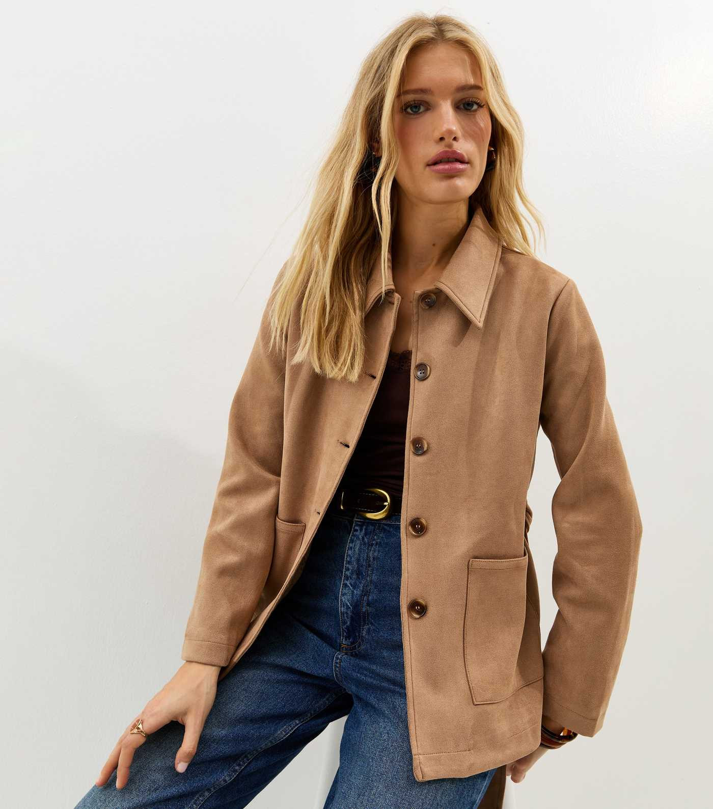 Camel Faux Suede Button Through Belted Jacket | New Look | New Look (UK)