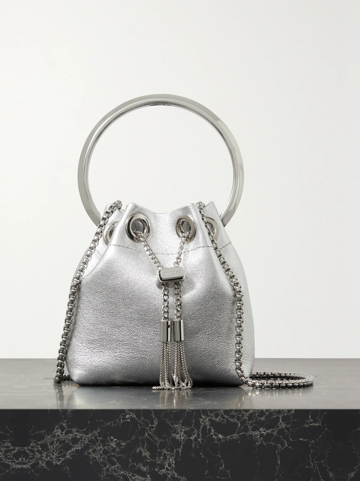 Jimmy Choo - Bon Bon Micro Metallic Leather Bucket Bag - Silver | NET-A-PORTER (US)