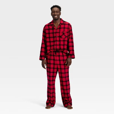 Men's Plaid Flannel Long Sleeve Shirt and Pants Holiday Matching Family Pajama Set - Wondershop™ Red/Black XL | Target