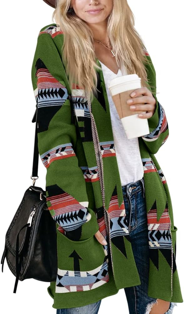 Women Boho Cardigan Aztec Open Front Long Sleeve Shawl Collar Sweater Coat | Amazon (US)