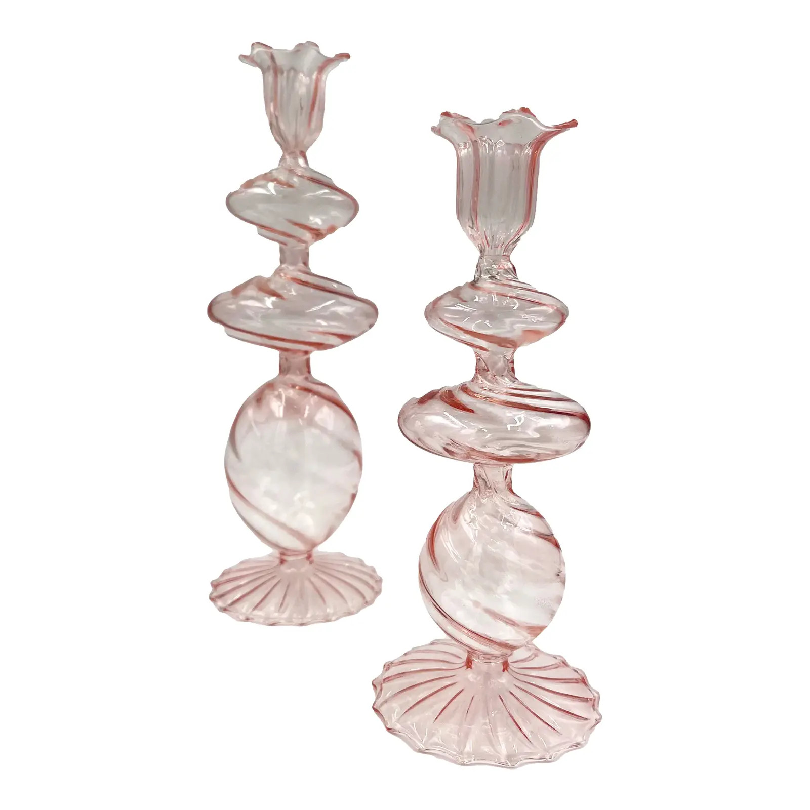 Pink Swirl Glass Candlestick, Medium, Set of 2 | Chairish