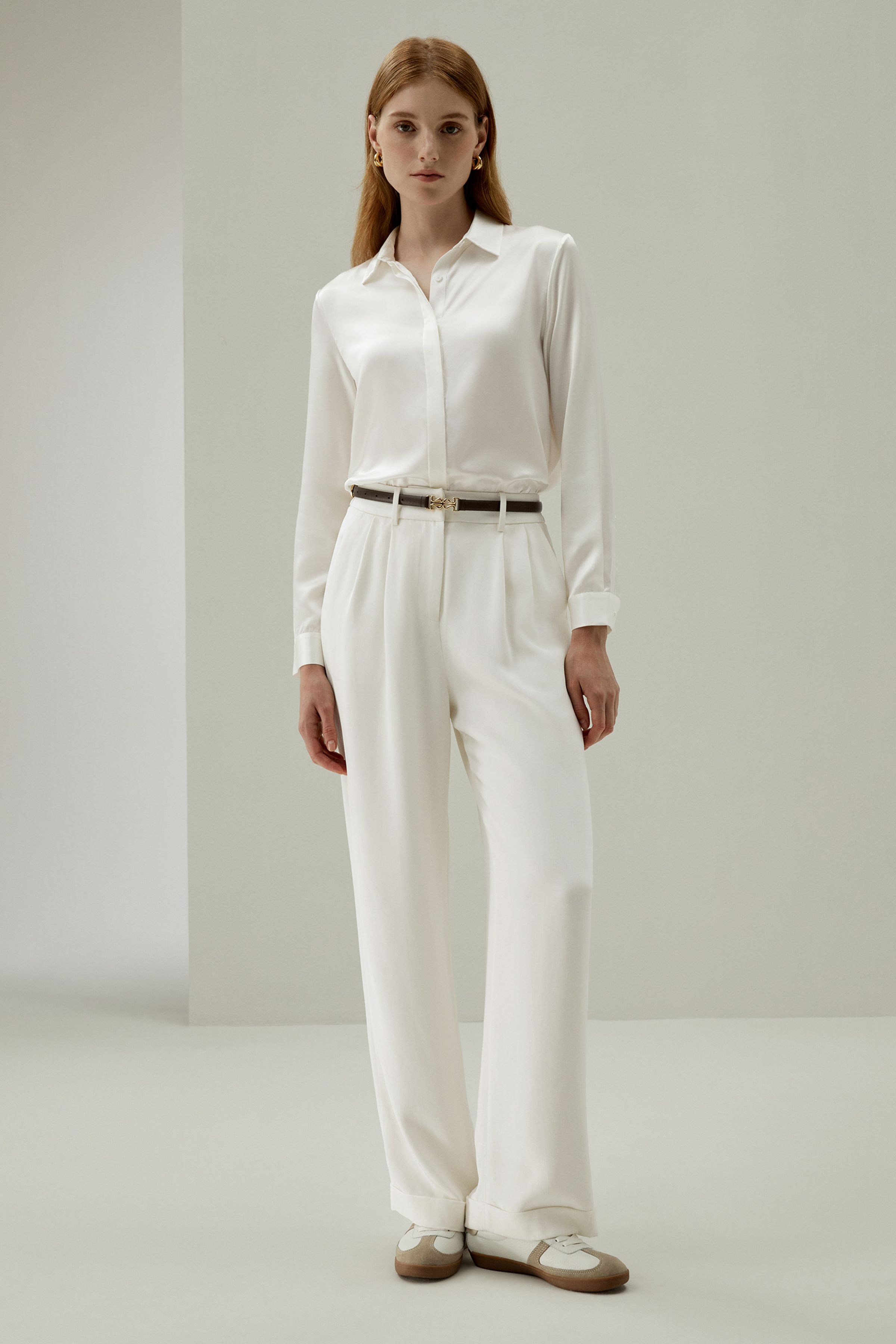 Timeless Pleated Wide-Leg Dense Silk Trousers | LilySilk