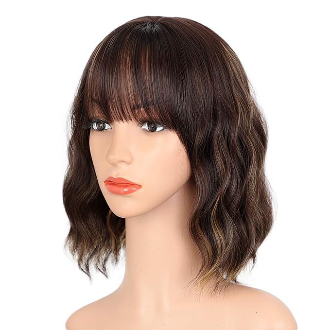 ENTRANCED STYLES Dark Brown Wigs for Women, Blonde Highlights Wig Natural Looking Short Wavy Bob ... | Amazon (US)