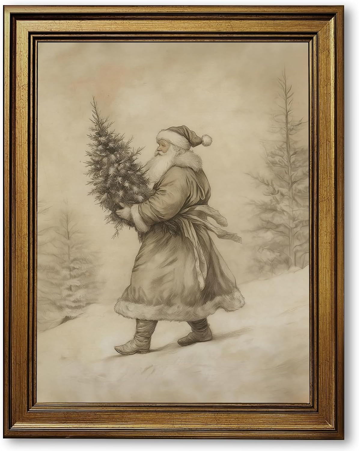 Yermidi Vintage Christmas Wall Art Neutral Sketch Santa Claus Holding Tree Poster Farmhouse Christmas Picture Wall Decor Winter Forest Holiday Canvas Print for Living Room 12x16inch Vintage Framed | Amazon (US)