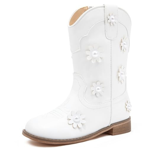 Motasha Kids Cowboy Boots White Cowgirl Boots For Girls Western Girls' Dress Boot Floral Toddler Little Kids 8 Year Old Size 13 White Riding Birthday (M7127 Pearl White 13) | Amazon (US)