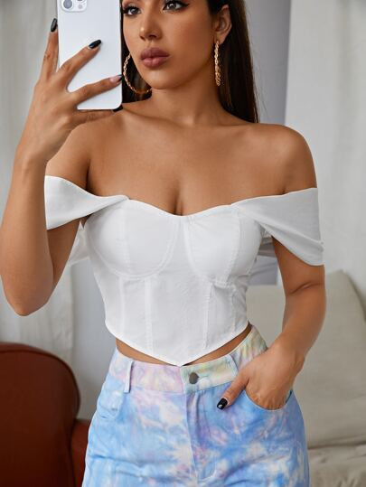 SHEIN Zip Back Bardot Bustier Top | SHEIN