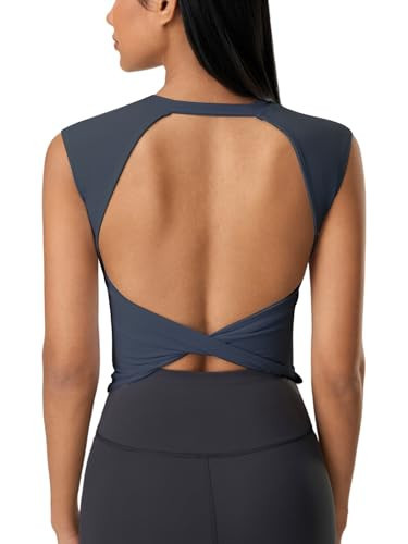 ABOCIW Open Back Workout Tops for Women Built in Bra Cap Sleeve Athletic Yoga Crop Top Gym Shirts Longline Sports Bras Navy Medium | Amazon (US)