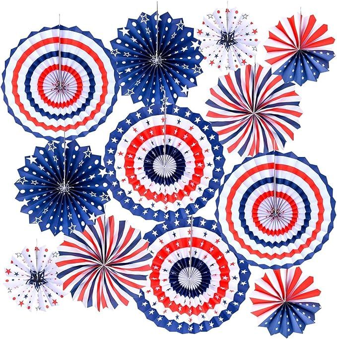 12 Pcs Stars & Stripes July 4th Patriotic Themed American Flag Decoration Hanging Party Paper Fan... | Amazon (US)
