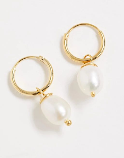 ASOS DESIGN sterling silver with gold plate hoop earrings with pearl charm | ASOS (Global)