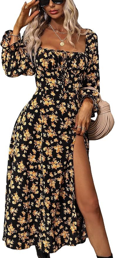 WDIRARA Women's Floral Square Neck Flounce Sleeve Split Thigh Ruffle Hem Boho Maxi Dress | Amazon (US)