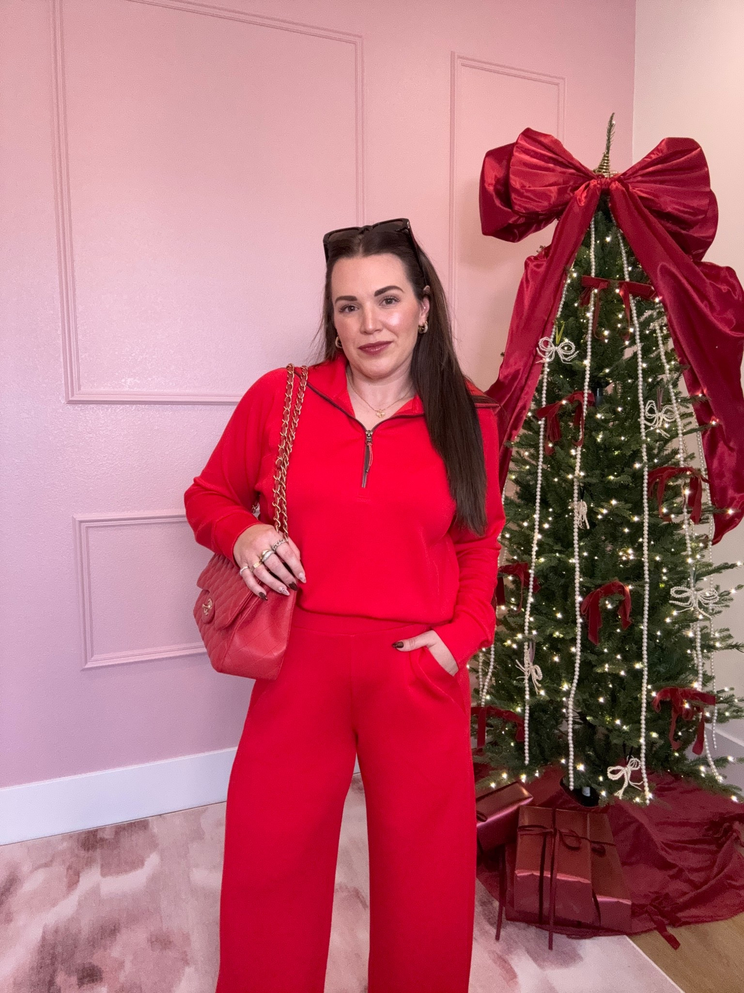 curvy midsize all red cozy athleisure mom on the go look! wearing size large in top and bottom and currently 15% off! color is spanx red ❤️ 

#LTKMidsize #LTKSaleAlert #LTKHoliday