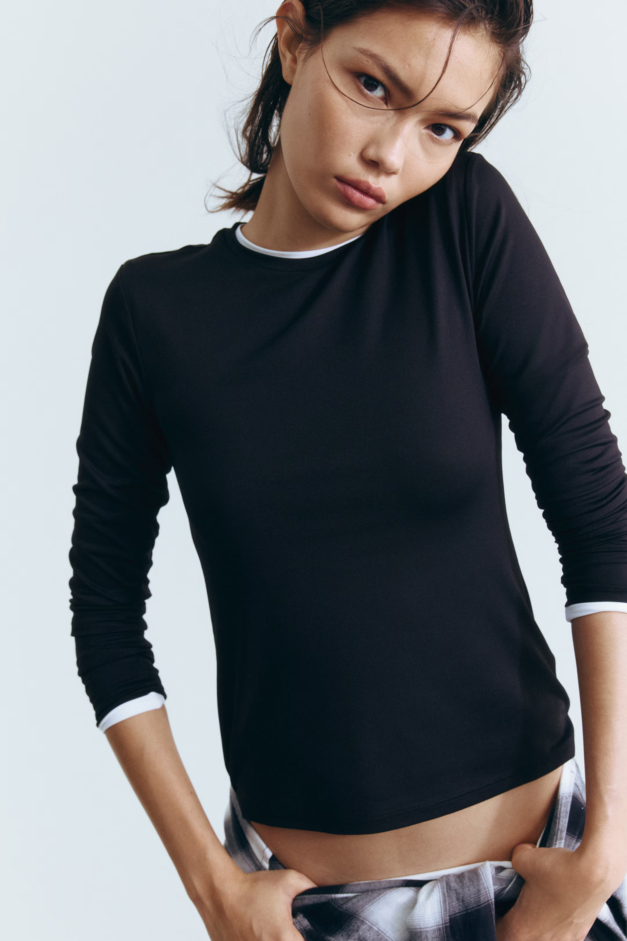 Long-sleeved Microfiber Top - Dark brown - Ladies | H&M US | H&M (US + CA)