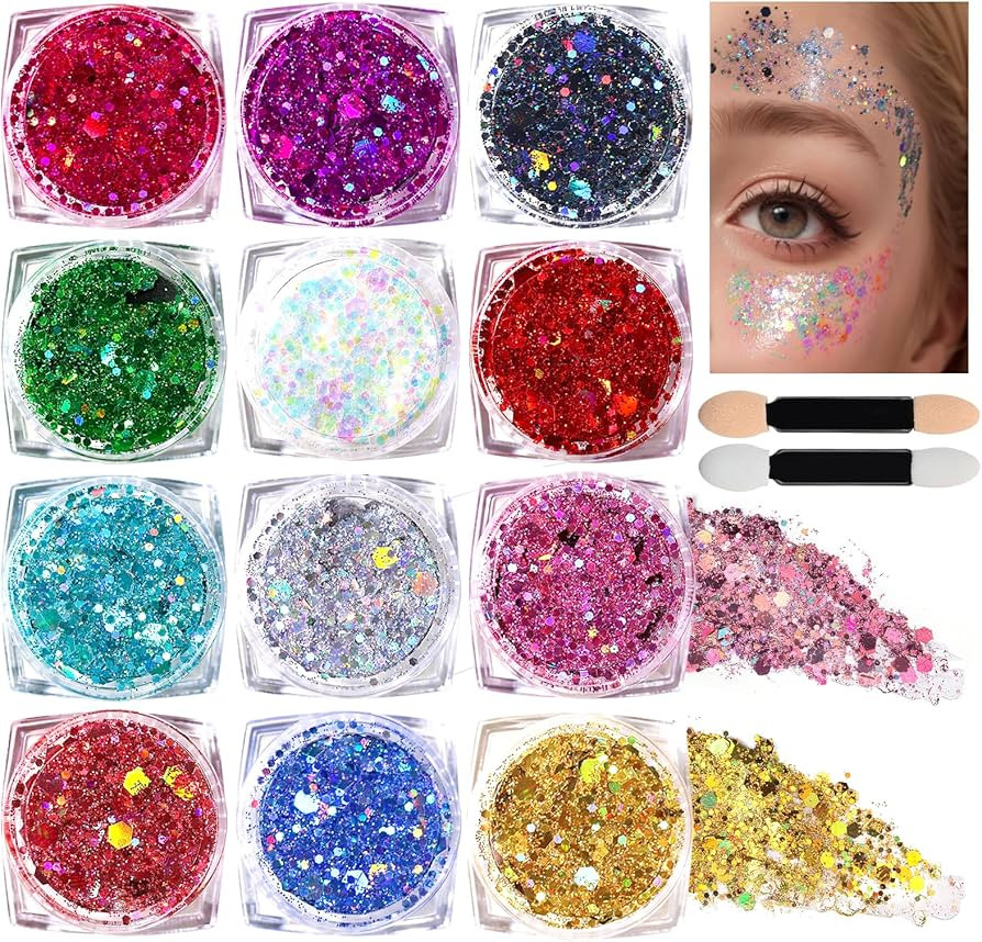 Teenitor Body Glitter Face Glitter Makeup Festival Glitter, 12 Colors Face and Body Glitter Gel, ... | Amazon (US)