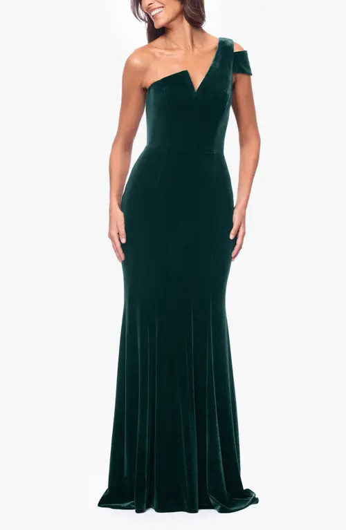 Betsy & Adam One-Shoulder Velvet Mermaid Gown in Hunter at Nordstrom, Size 2 | Nordstrom