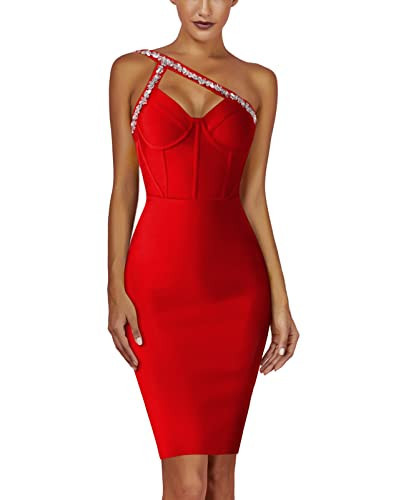 Maketina Women's Rhinestone One Shoulder Bandage Dress Midi Bodycon Dress Cocktail Party Red XS | Amazon (US)