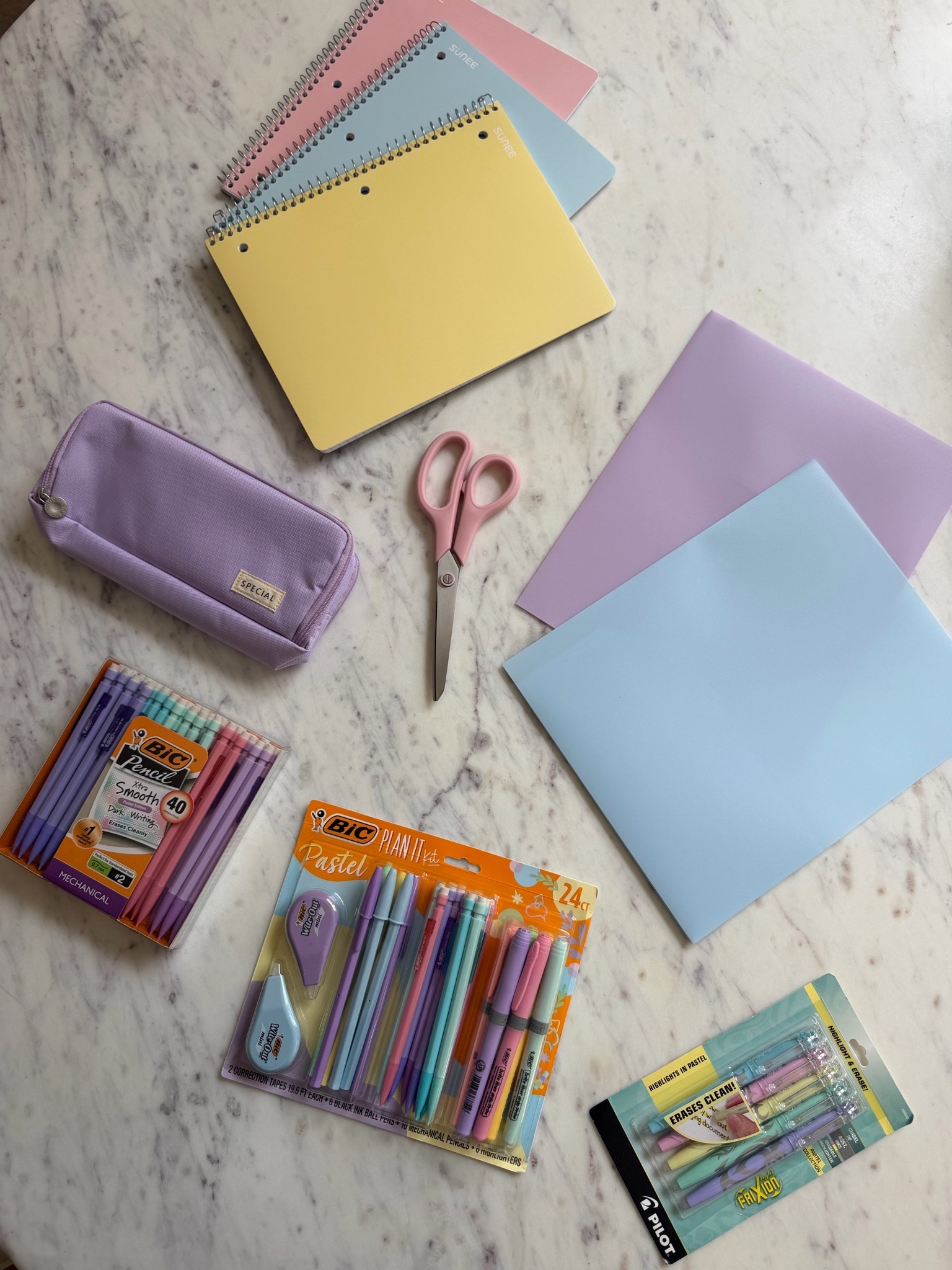 Back to school supplies 
Preppy pastel school shopping