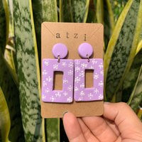 Lavender Rectangular Clay Earrings With Hand Painted White Flowers, Pastel Purple Earrings | Etsy (US)