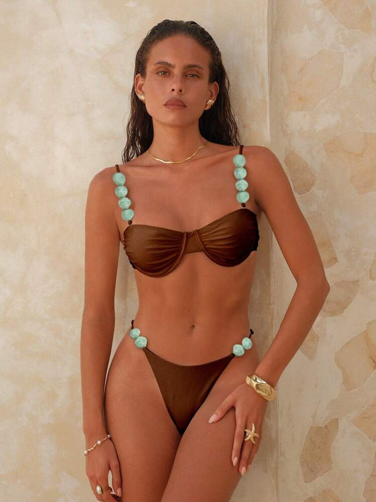 Swim Chiccia Minimalist Shining Fabric Wire Push-Up Adjustable Strap Tie Back Crop Top And Thong ... | SHEIN