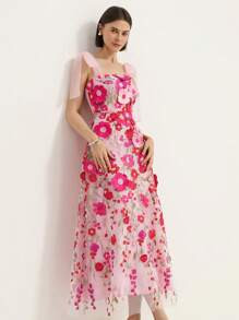 Aveloria Rosie Romantic & Elegant Pink Floral Applique Spaghetti Strap Bowknot Party Dress For Women | SHEIN