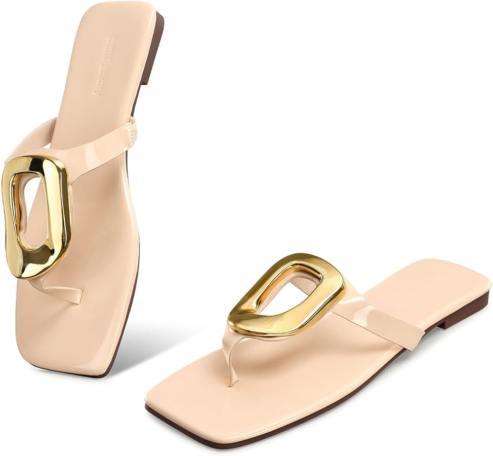 Gold Buckle Flat Sandals for Women Square Toe Dressy Flip Flops Trendy Thong Sandals Slide Sandal... | Amazon (US)
