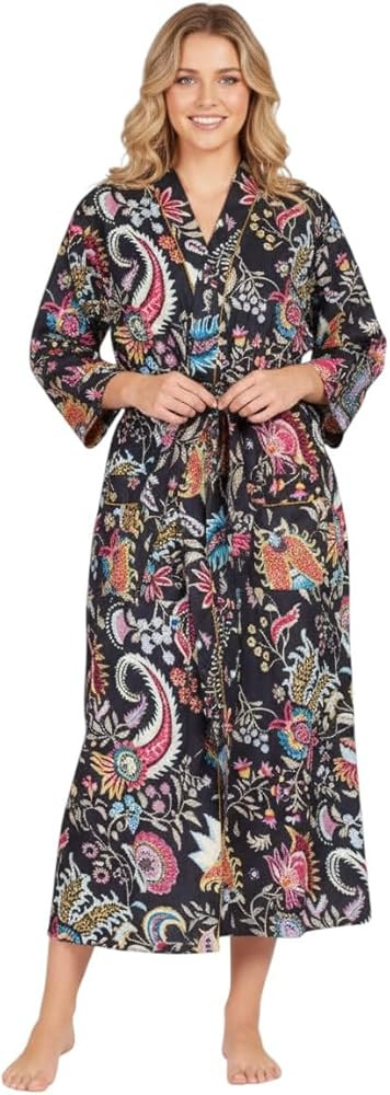 COTSILER Cotton Block Print Kimono Robe for Women Long Bathrobe with Belt & Pockets For Summer Li... | Amazon (US)