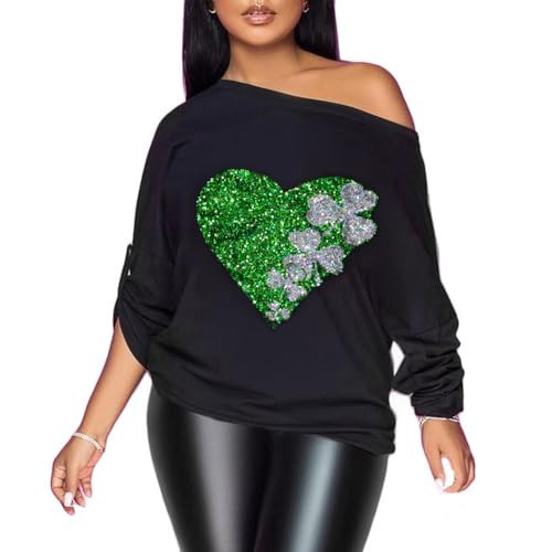 PESION Women St.Patrick's Day Shirts St.Patrick's Day T-Shirt Funny Lights Blouse Tops Holiday T-Shirt, Black+ Sequin Heart Shamrock, XX-Large | Amazon (US)