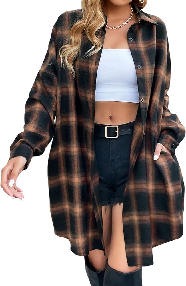 Women's Button Down Flannel Shirts Plaid Shacket Long Sleeve Collared Long Jacket Coats | Amazon (US)