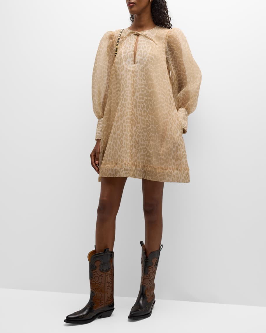 Ganni Leopard-Print  Organza A-Line Mini Dress | Neiman Marcus