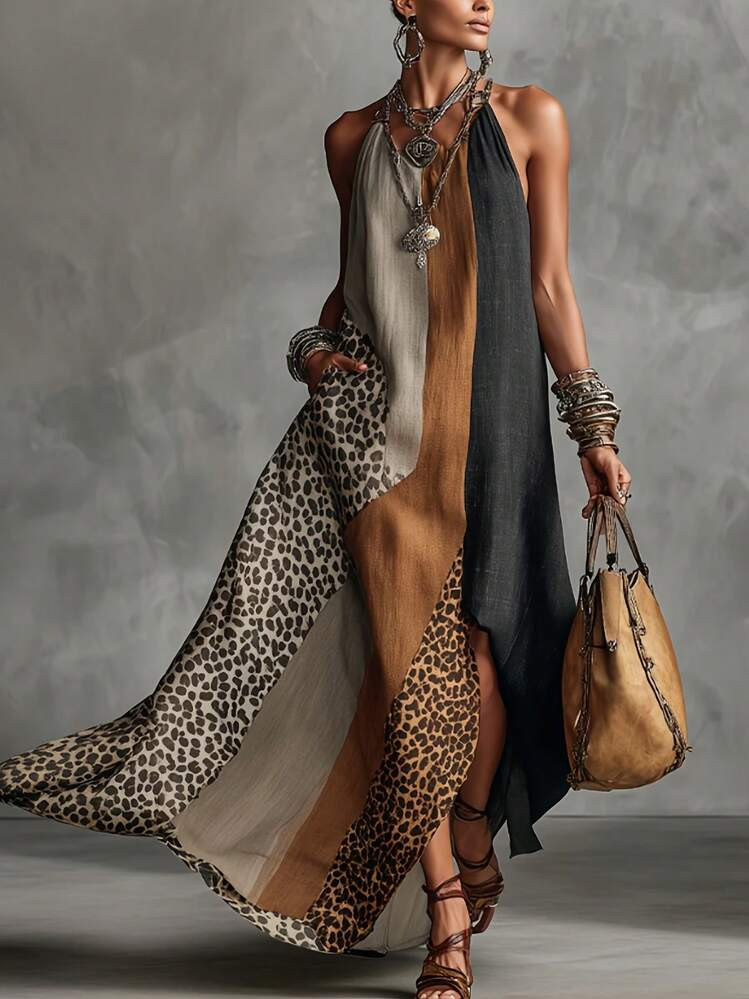 Women Spring Summer Boho Loose Leopard Spliced Dress, Elegant Comfortable Fashion Dress Suitable ... | SHEIN