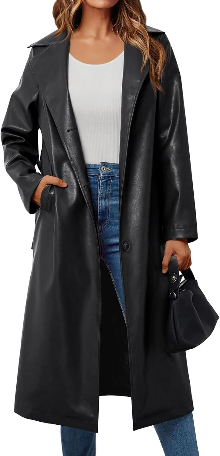 Trendy Queen Womens Long Lapel Faux Three Breasted Leather Jacket with Belt | Amazon (US)