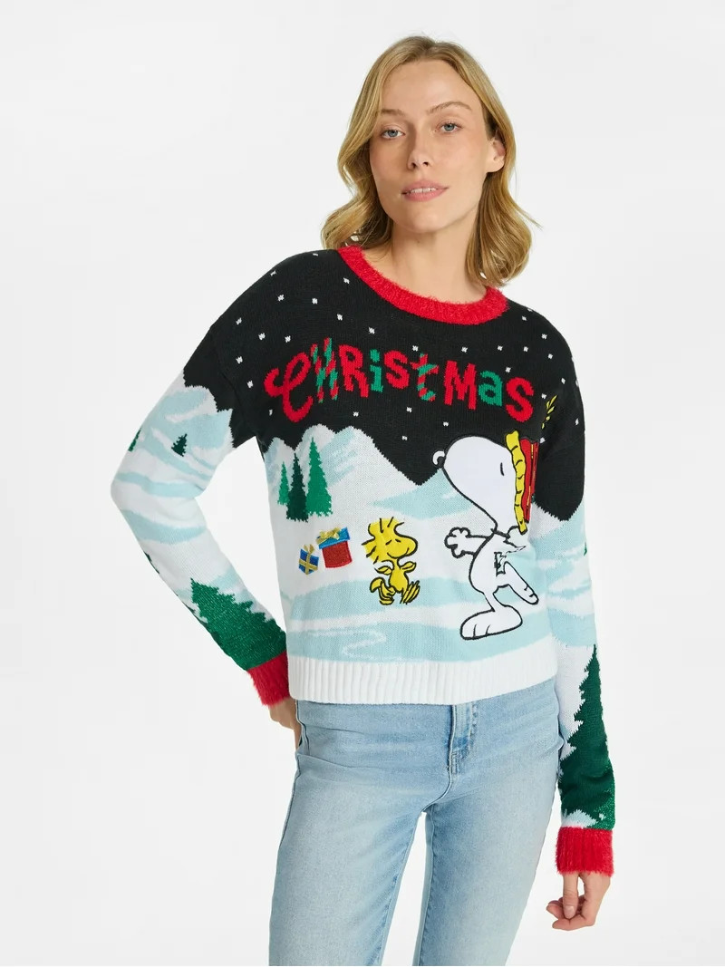 Peanuts Women's Skating Snoopy Embellished Christmas Sweater, Sizes XXS-XXL | Walmart (US)