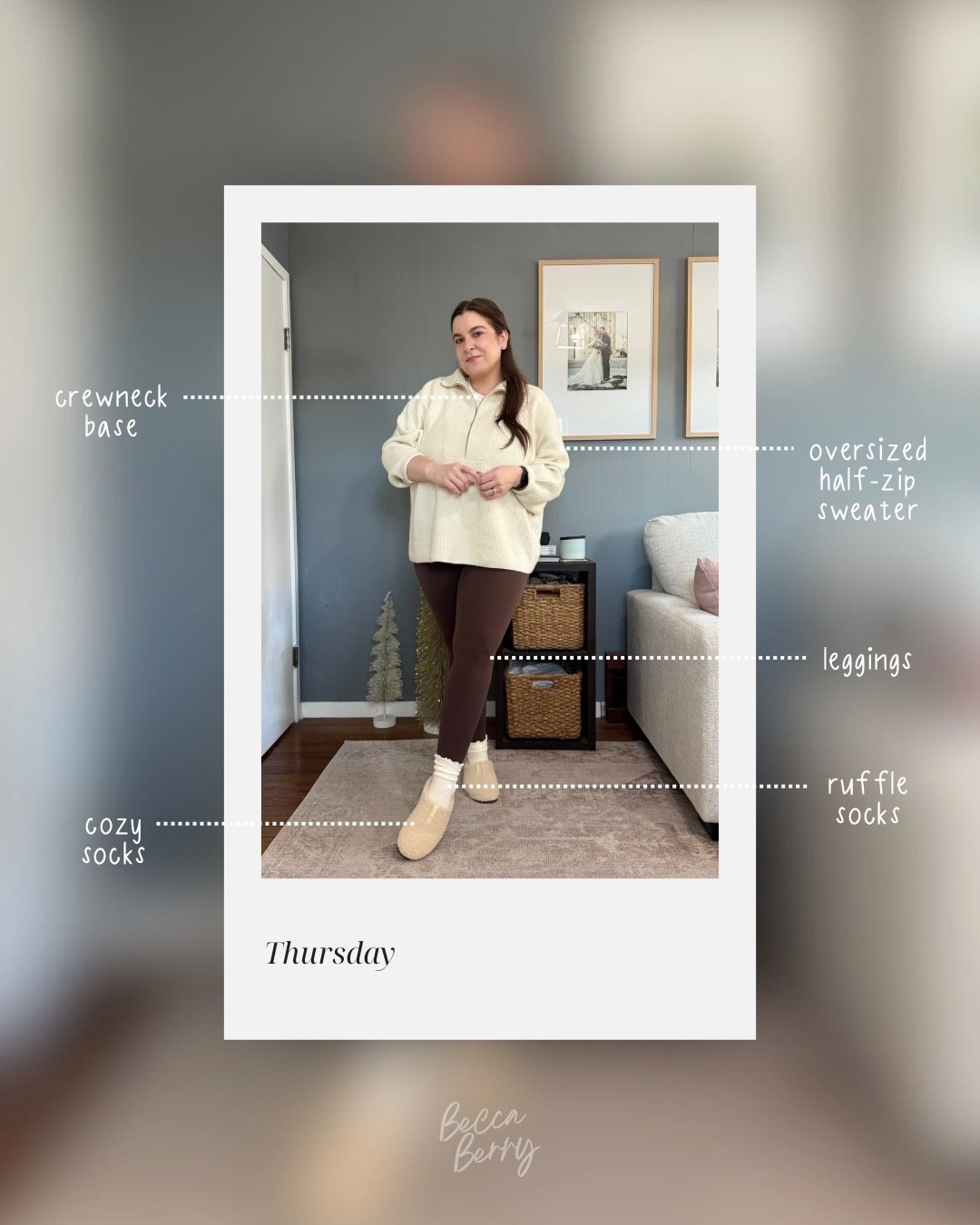 Chilly work from home outfit idea:
Crewneck t-shirt (L)
Oversized half-zip sweater (XL)
Amazon leggings (XL)
Ruffle socks
Bombas Sunday slipper (8) 

#LTKStyleTip #LTKMidsize #LTKootd
