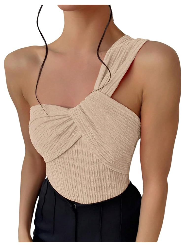 OYOANGLE Women's Textured One Shoulder Twist Front Ruched Bodysuit Sleeveless Tank Top Body Suits | Amazon (US)